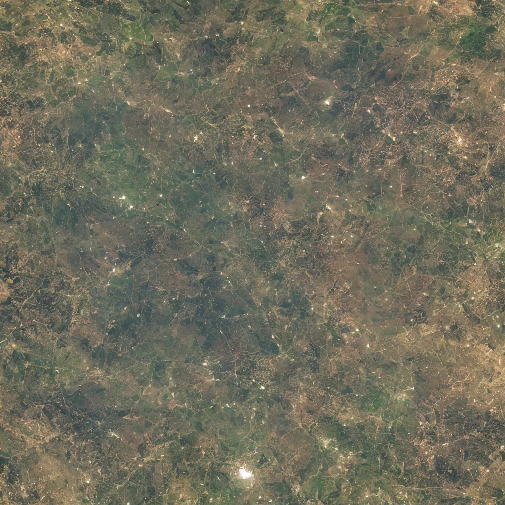 Image similar to a very polluted landscape seen by sentinel or landsat satellite during the night with very high lights and urban sediment, photorealistic, high resolution, best quality