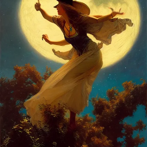 Image similar to witch flying, trough the night, fantasy, full moon in background. highly detailed painting by gaston bussiere, craig mullins, j. c. leyendecker 8 k