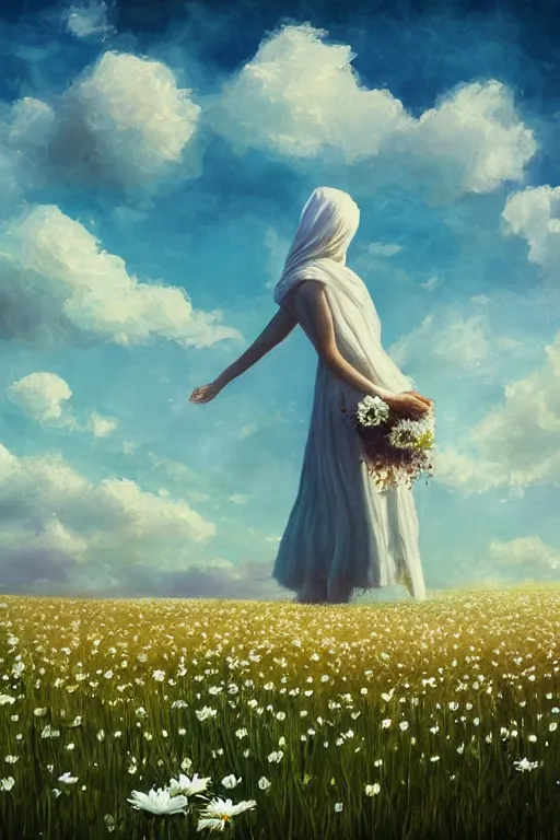 Image similar to giant white daisy flower head, girl with veil walking in a flower field, surreal photography, sunrise, dramatic light, impressionist painting, colorful clouds, digital painting, artstation, simon stalenhag