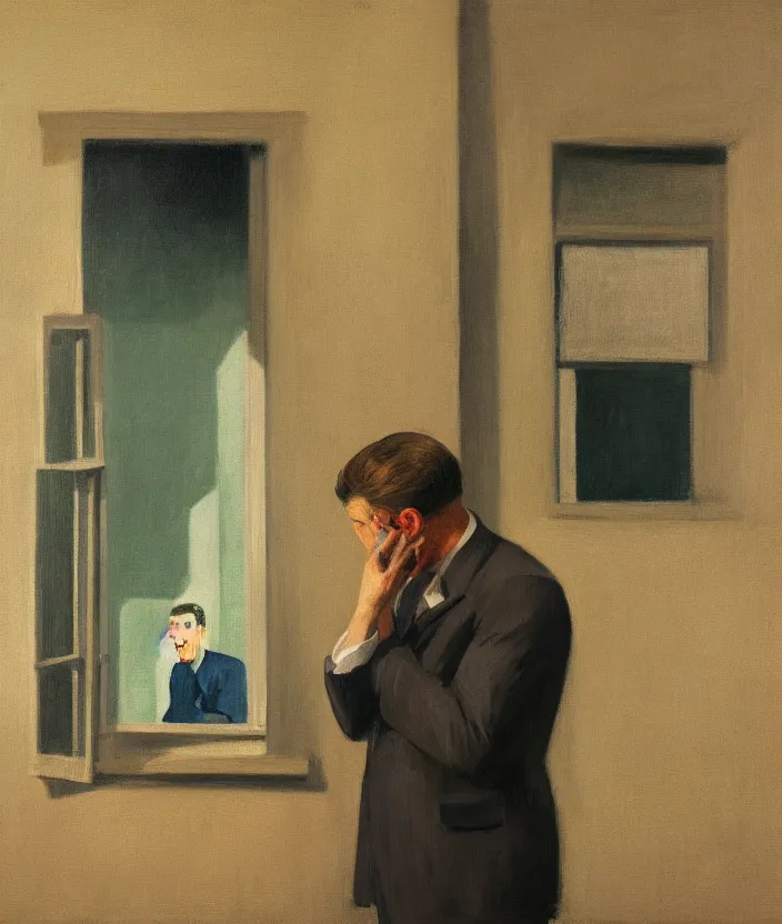 Image similar to a portrait painting of a man in a suit, the man is screaming and sad, highly detailed facial details, the man is alone in front of a window, in the style of edward hopper, 4 k,