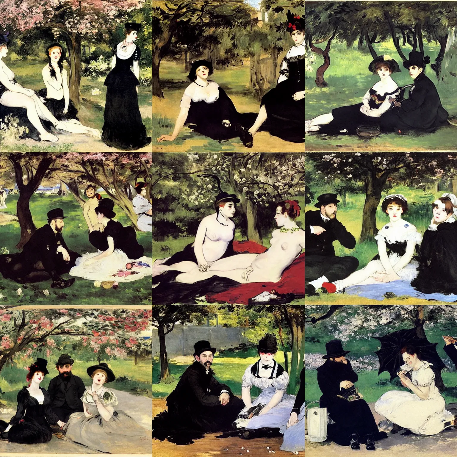 Prompt: hd art by edouard manet. three goths loitering in the shade, talking beneath a cherry tree outside a blockbuster video store.