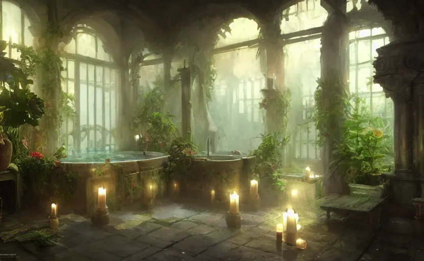 Prompt: painting of an interior of a bath house with candles, fantasy, lush plants and flowers, natural light, concept art, by greg rutkowski and craig mullins, cozy atmospheric and cinematic lighting, trending on artstation