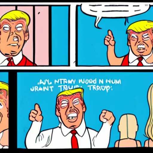 Image similar to tiny person is laughing and pointing at donald trump in a swimsuit. comic strip.