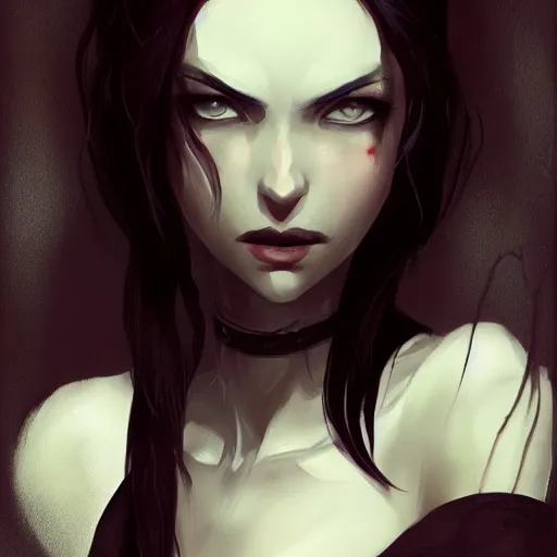 Image similar to female human vampire witch in the style of greg rutkowski, makoto shinkai, trending on artstation, character design, concept art, pretty face, highly detailed, long black hair, portrait, digital art