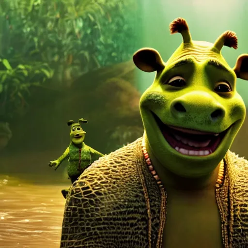 Image similar to Movie still of Kanye West riding an aligator in the movie Shrek, splash art, movie still, cinematic lighting, dramatic, octane render, long lens, shallow depth of field, bokeh, anamorphic lens flare, 8k, hyper detailed, 35mm film grain