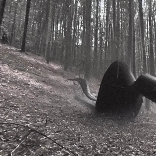 Image similar to giant scary horror creature emerges from the darkest shadows, trail cam footage