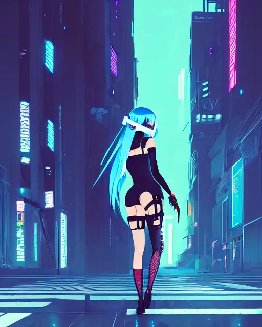 Prompt: digital illustration of cyberpunk pretty girl with blue hair, wearing a black dominatrix outfit, in city street at night, by makoto shinkai, ilya kuvshinov, lois van baarle, rossdraws, basquiat