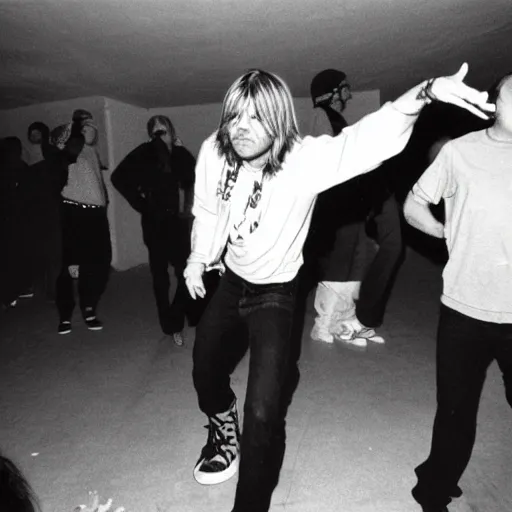Prompt: a photo of kurt cobain dancing in a rave party