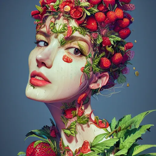 Image similar to the portrait of an absurdly beautiful, graceful, elegant, sophisticated, chaste woman made of strawberries and green petals looking up, an ultrafine hyperdetailed illustration by kim jung gi, irakli nadar, intricate linework, bright colors, octopath traveler, final fantasy, unreal engine 5 highly rendered, global illumination, radiant light, detailed and intricate environment