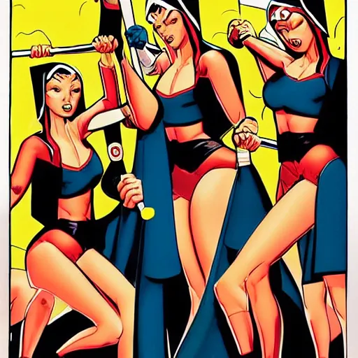 Prompt: a comic book illustration of nuns with nunchucks by Bruce Timm