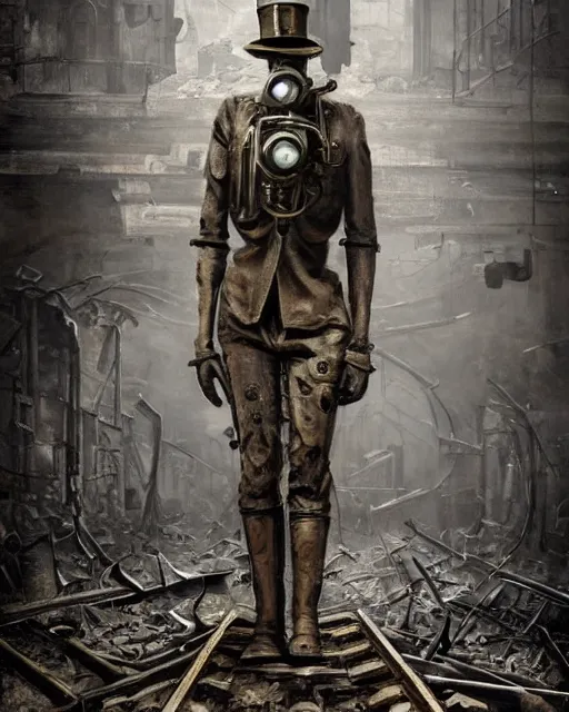 Prompt: a creepy steampunk mechanical metal man with a hunched - back, ww 1 era gas mask, and wearing a top hat stands alone inside a bombed out, desolate grand central station, post apocalyptic, trending on artstation