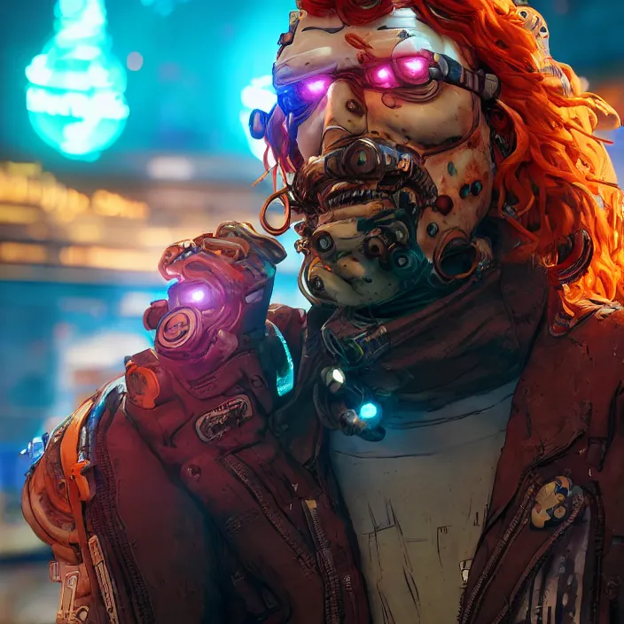 Image similar to cyberpunk portrait of curly orange hair man from borderlands 3, au naturel, hyper detailed, digital art, trending in artstation, cinematic lighting, studio quality, smooth render, unreal engine 5 rendered, octane rendered, art style by klimt and nixeu and ian sprigger and wlop and krenz cushart.