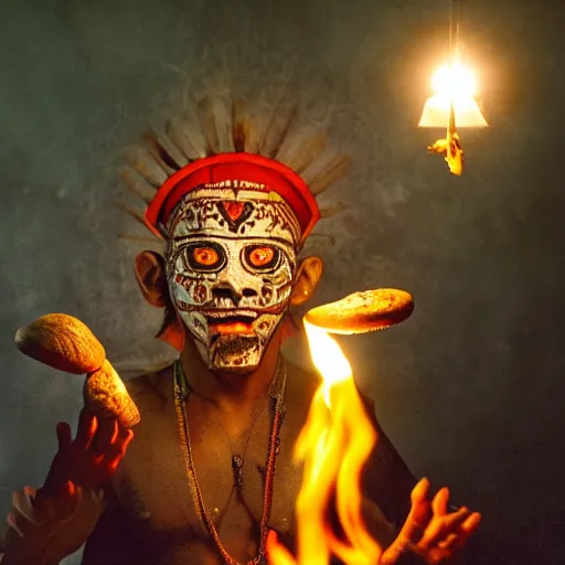 Prompt: an aztec monk with a monster mask is holding mushrooms in one hand, fire as the light source, close-up photography, dramatic scene