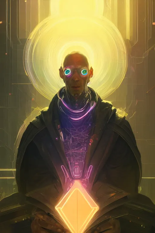 Image similar to epic portrait cyber-warlock surrounded by techy glowing glitch magic holograms, used scifi style, D&D, sketchy lines and brushstrokes, no blur, 4k resolution, ultra detailed, style of Greg Rutkowski, Zac Retz, Kawase Hasui, beeple, Eddie Mendoza, alphonse mucha,