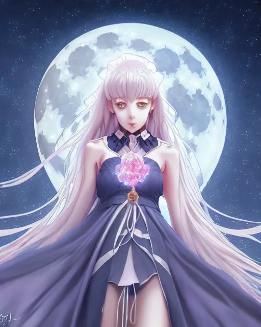 Prompt: beautiful good witch, symmetrical face and body, full moon night, anime style only, wallpaper aesthetic, joyful, cinematic, dramatic, super detailed and intricate, hyper realistic, 4 k render, by artgerm, by kyoung hwan kim, by ralph mcquarrie, by yoshiyuki tomino