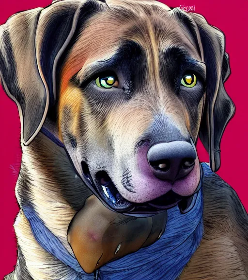 Image similar to plott hound german shepard lab mix dog full color digital illustration in the style of don bluth, artgerm, artstation trending, 4 k