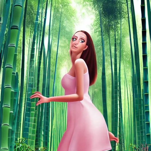 Image similar to A giantess with a beautiful face,green eyes,cute nose and pink lips, wearing a sundress and sandals, walking in a bamboo forest ,detailed body and eyes,proper anatomy, bamboo forest in the background, beautiful lighting,,digital art , highly detailed , high contrast, beautiful lighting, award winning , trending on art station, 8k, photo realistic,unreal engine 5