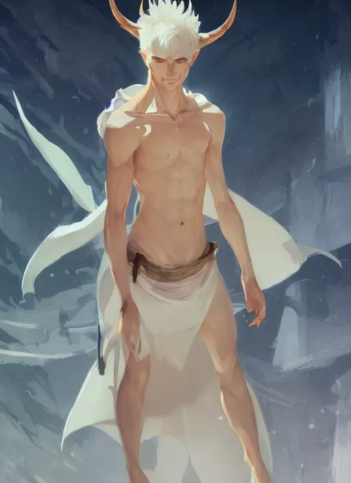 Image similar to concept art painting of a tan person with short white hair, demon horns, white freckles, and blue robes, detailed, cel shaded, in the style of ruan jia and artgerm and makoto shinkai and james gurney