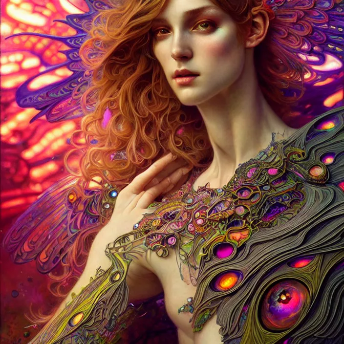 Image similar to bright psychedelic portrait of organic cyborg wings, diffuse lighting, fantasy, intricate, elegant, highly detailed, lifelike, photorealistic, digital painting, artstation, illustration, concept art, smooth, sharp focus, art by John Collier and Albert Aublet and Krenz Cushart and Artem Demura and Alphonse Mucha