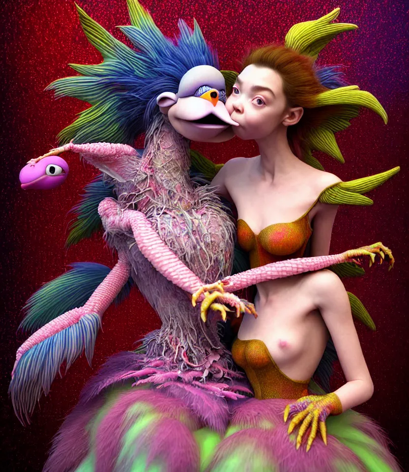 Image similar to hyper detailed 3d render like a Oil painting - kawaii portrait of hopeful lovers hugging tight or kissing pecking adorably Aurora (a beautiful girl skeksis muppet fae princess protective playful expressive acrobatic from dark crystal that looks like Anya Taylor-Joy) seen red carpet photoshoot in UVIVF posing in scaly dress to Eat of the Strangling network of yellowcake aerochrome and milky Fruit and His delicate Hands hold of gossamer polyp blossoms bring iridescent fungal flowers whose spores black the foolish stars by Jacek Yerka, Ilya Kuvshinov, Mariusz Lewandowski, Houdini algorithmic generative render, golen ratio, Abstract brush strokes, Masterpiece, Edward Hopper and James Gilleard, Zdzislaw Beksinski, Mark Ryden, Wolfgang Lettl, hints of Yayoi Kasuma and Dr. Seuss, Grant Wood, octane render, 8k