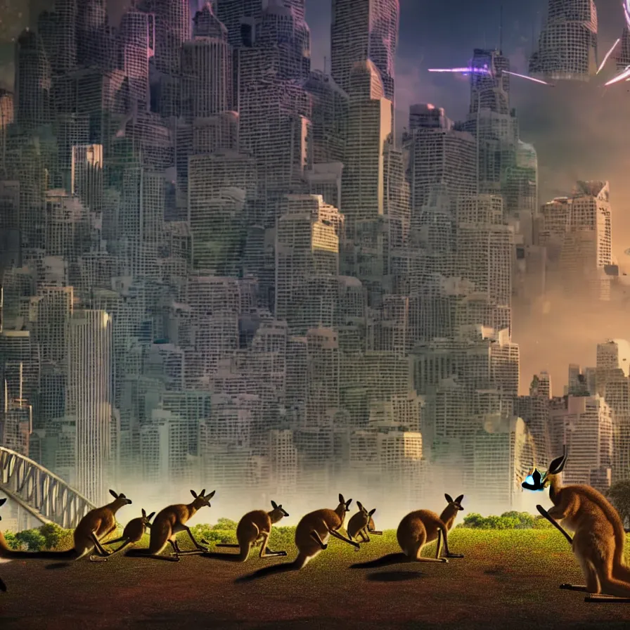 Image similar to sydney invaded by kangaroos in the future, hyperealistic very colourful hdr cinematic lighting cgi render photorealistic cinematic octane render