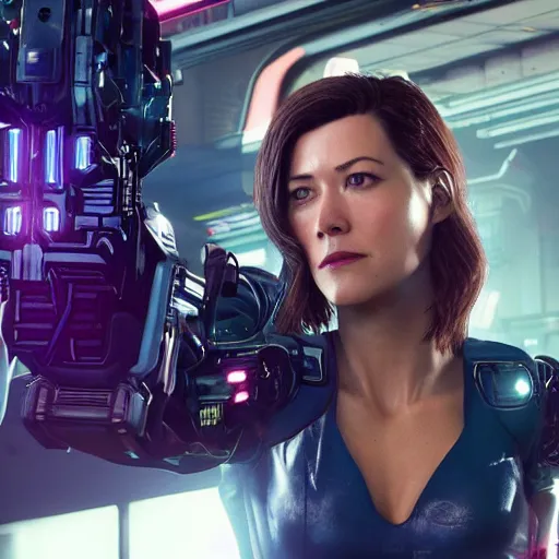 Image similar to film still of mary elizabeth winstead with cybernetic enchancments in cyberpunk 2 0 7 7 ( 2 0 2 4 )