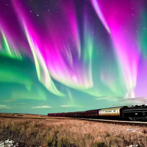 Prompt: Orient Express flying through interstellar space. The engine is a head of a monster. Psychedelic aurora borealis in the background. - n 9