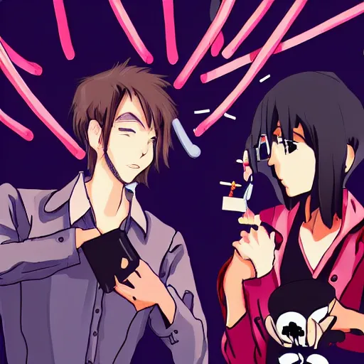Image similar to anime cartoon portrait of 2 guys in designer clothes at a private table in a club surrounded by beautiful girls throwing rubber bands in the air, cyberpunk