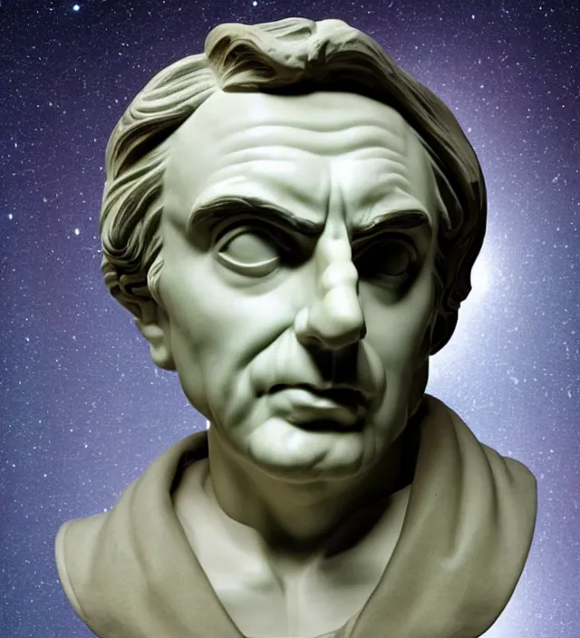 Prompt: Mesmerizing Classical Greek bust of Carl Sagan, with a dreamy look into the deep space