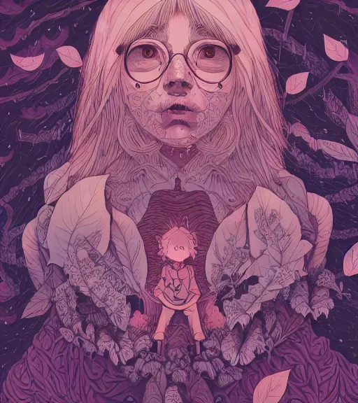 Image similar to portrait, nightmare anomalies, leaves with howl by miyazaki, violet and pink and white palette, illustration, kenneth blom, mental alchemy, james jean, pablo amaringo, naudline pierre, contemporary art, hyper detailed