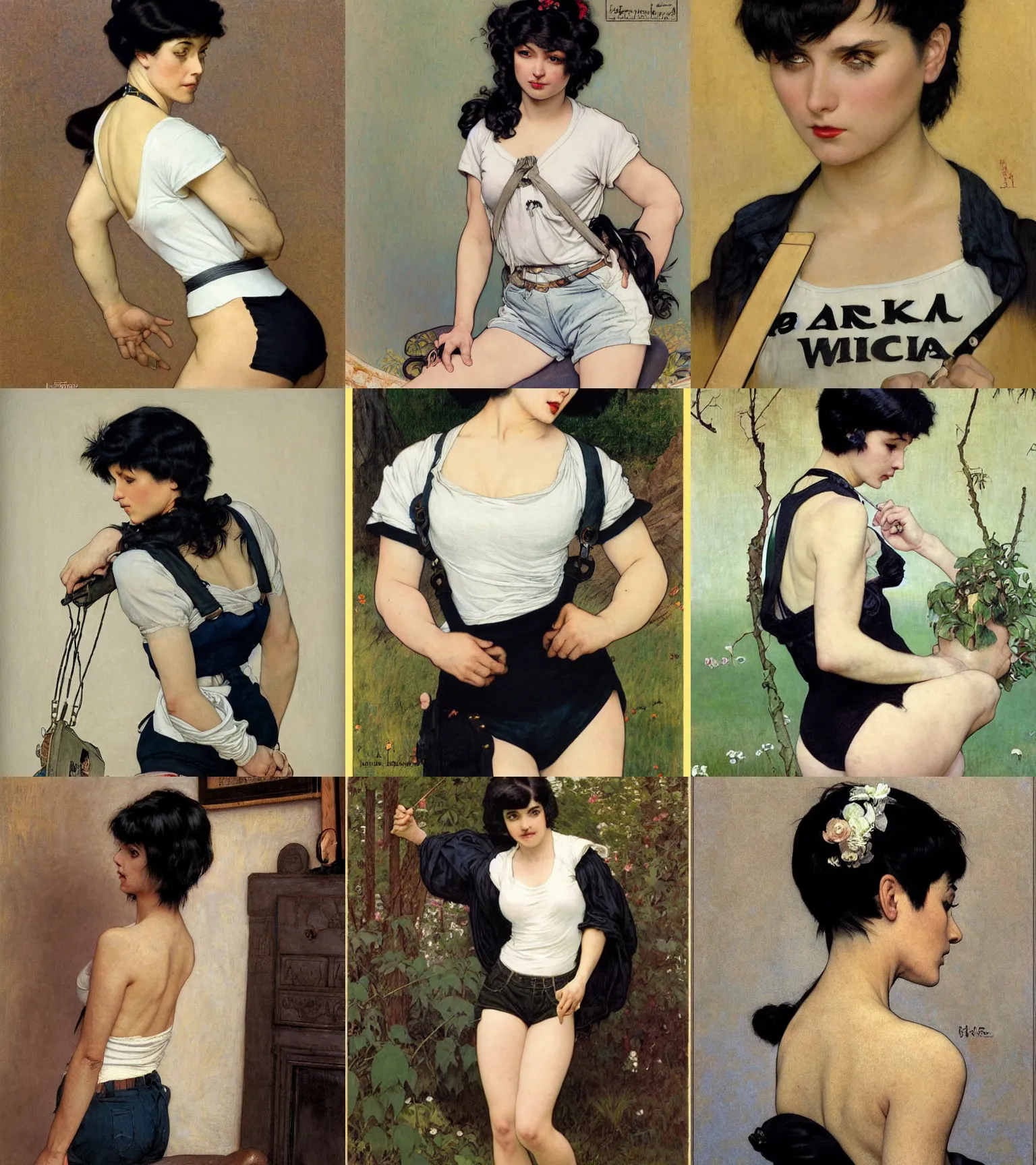 Prompt: a woman with black hair and long pixie haircut in shorts with suspenders and white t-shirt drawn by juan gimenez, Alexandre Cabanel, norman rockwell, peter paul rubens, maler collier, frank frazetta, alphonse mucha, gustav klimt 4k, unreal 5, DAZ, french noveau, trending on artstation, octane render, hyperrealistic