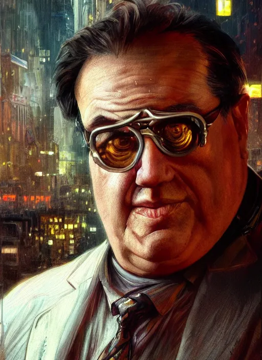 Image similar to ultra realistic medium shot of danny de vito how a cyborg cyberpunk, sci - fi, kodak, faces, colour led, soft light, volumetric lighting, fog, rays, night, intricate detailed, digital painting, concept art, smooth, sharp focus, illustration, art by artgerm and greg rutkowski and alphonse mucha