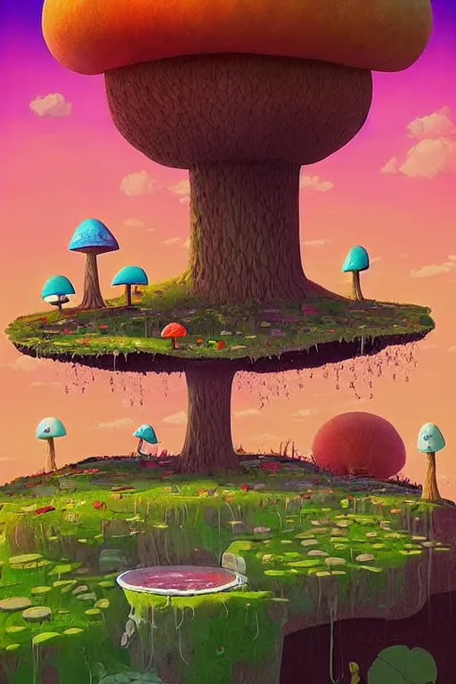 Image similar to surreal mushroom kingdom, floating island in the sky, water pipes in the ground, summer morning, very coherent and colorful high contrast, art by!!!! gediminas pranckevicius!!!!, geof darrow, dark shadows, hard lighting