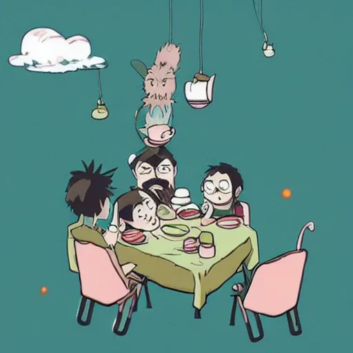 Prompt: tiny imaginary creatures having tea party inside a humans beard. anime. in a style of hayao miyazaki.