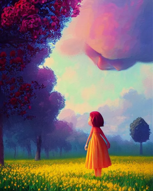 Image similar to girl with giant flower as a face and flower dress, standing in a flower field hills, big trees, sunrise dramatic light, impressionist painting, colorful clouds, digital painting, pointillism, artstation, simon stalenhag