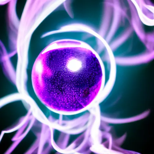 Image similar to a purple crystal ball with magical neon smoke swirling inside of it, award winning photography, cinematic