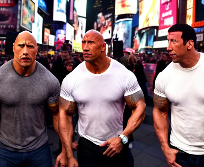 Image similar to dwayne the rock johnson and Adam Sandler on Methamphetamine at Times Square, photograph by Alfred Eisenstaedt, 4K, dramatic lighting; high energy; Full mood; 4K 8K