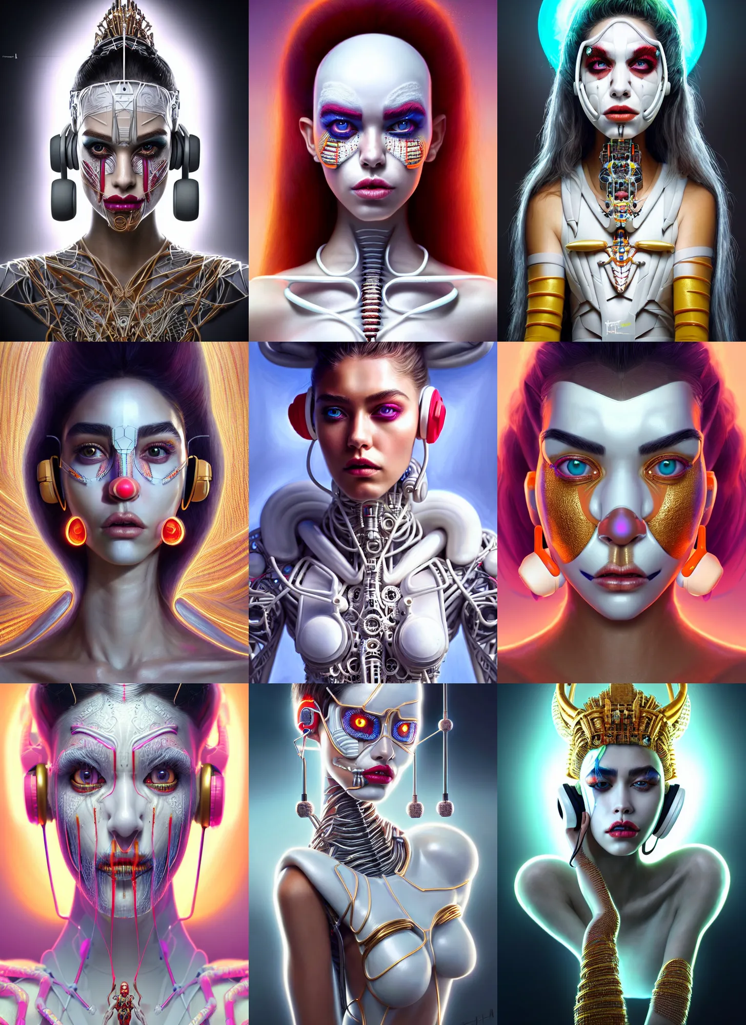 Prompt: bright white polished modern architecture clowncore cyborg : : disney weta portrait, soft mayan queen devil madison beer, bling earbuds, hi - fructose, sci - fi fantasy intricate decadent highly - detailed digital painting, golden ratio, octane render, artstation, concept art, smooth, sharp focus, illustration, artgerm, mucha, loish, wlop