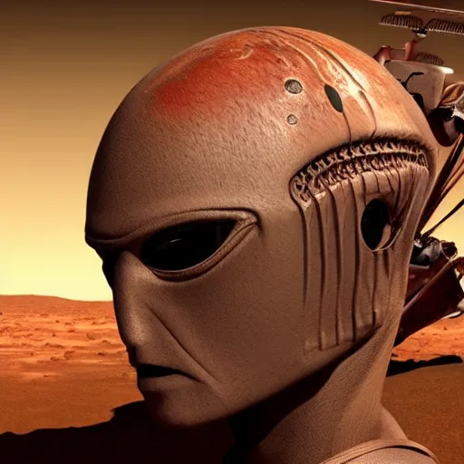 Prompt: profile picture of a martian alien, highly detailed, photorealistic. Mars as background