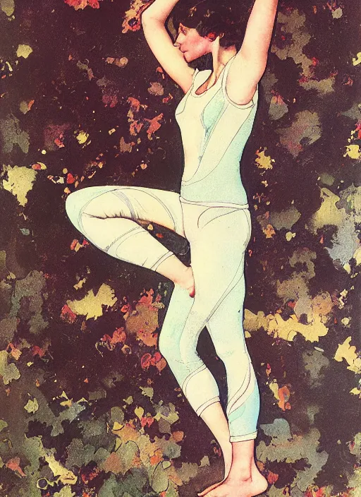 Image similar to an art nouveau futuristic copic maker illustration of full body girl doing yoga by norman rockwell and john berkey