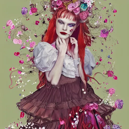 Image similar to Alice in Wonderland at the tea party, she looks like a mix of grimes, Aurora Aksnes and Zendaya, childlike, billowing elaborate hair and dress, strings of pearls, surrounded by red and white roses, digital illustration, inspired by Aeon Flux, Japanese shoujo manga, and Alexander McQueen fashion, hyper detailed, dreamlike, incredibly ethereal, super photorealistic, iridescent, dichroic prism, speckled, marbling effect, tulle and lace, extremely fine inking lines