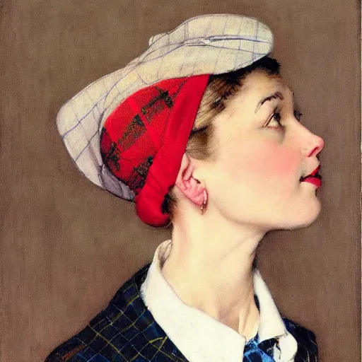 Image similar to portrait of a woman wearing a plaid blazer and red beret, by norman rockwell.