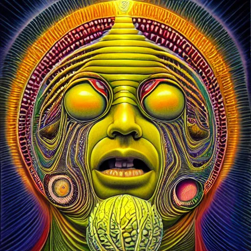 Image similar to Alex Grey painting of a lemon god, highly detailed, symmetrical, trending on artstation