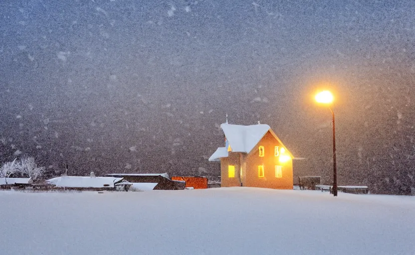 Image similar to Snowy Landscape with Blizzard and heavy snow, a Small shack in the distance with orange lights in the windows