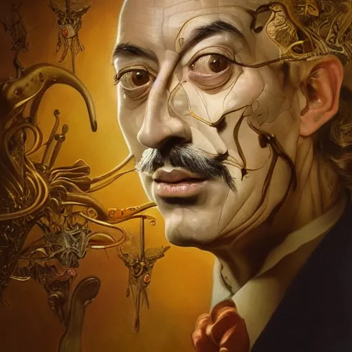 Image similar to Salvador Dali, Extremely Highly detailed, Occult, funny, humorous, humor, hilarious, funny, entertaining, magical, trending on artstationHQ, closeup, D&D, intricate, elegant, highly detailed, digital painting, artstation, concept art, matte, sharp focus, illustration, art by Artgerm and Greg Rutkowski and Alphonse Mucha