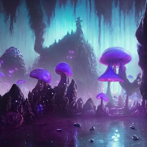 Image similar to concept art detailed painting of a dark purple fungal fairytale city made of mushrooms, with glowing blue lights, in the style of jordan grimmer and neil blevins and wayne barlowe