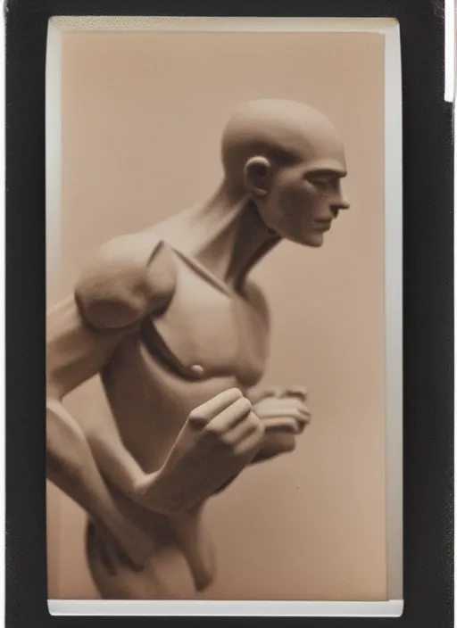 Image similar to an an android with an adult male human looking face is the thinker by auguste rodin, polaroid, flash photography, photo taken in a back storage room where you can see empty shelves in the background, 3 / 4 view portrait head chest and arms portrait of