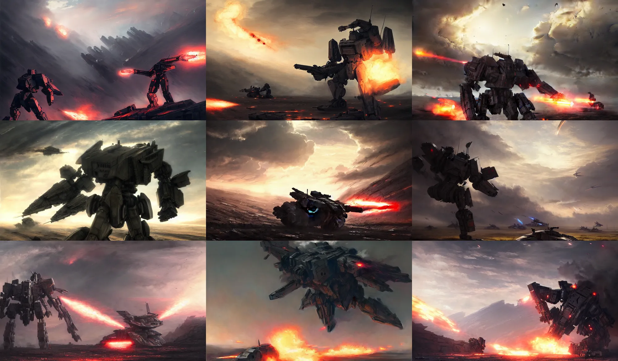 Image similar to an armored core on the ground, booster flares, legs, crossfire, karst landscape, clouds, daylight ; detailed illustrations, pastel tones, deep colors, clear lines, motion blur, by jordan grimme, greg rutkowski