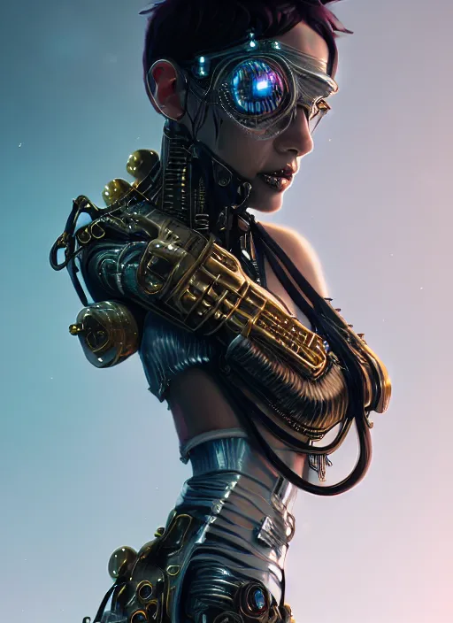 Image similar to soft lustrous ebony ivory biotech raver gutter punk gothic cyborg, golden ratio, details, scifi, fantasy, cyberpunk, intricate, decadent, highly detailed, digital painting, octane render, artstation, concept art, smooth, sharp focus, illustration, art by artgerm, loish, wlop