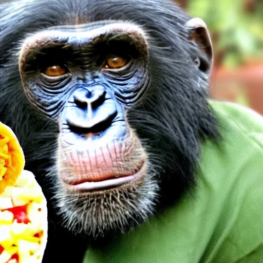 Image similar to 2 4 0 p footage, 2 0 0 6 youtube video, low quality photo, chimpanzee getting taco